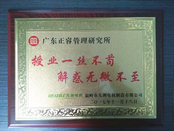 溫嶺市九洲電機制造有限公司贈與廣州正睿授業(yè)一絲不茍與，解惑無微不至牌匾